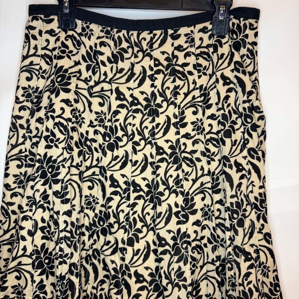 Lauren Ralph Lauren Black Cream Damask Floral Pleated Cotton Midi Skirt Size 10 - Picture 3 of 6